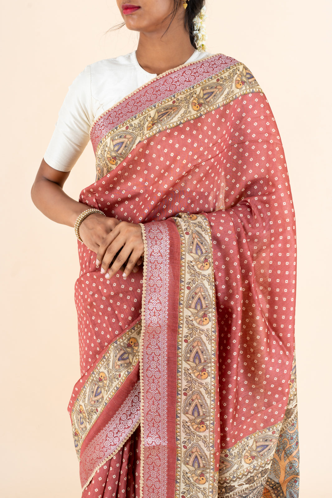 Rust Maroon Bandhini Munga Tussar Saree - Clio Silks