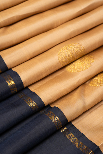 Beige and Midnight Blue Pure Zari Kanchipuram Silk Saree - Clio Silks