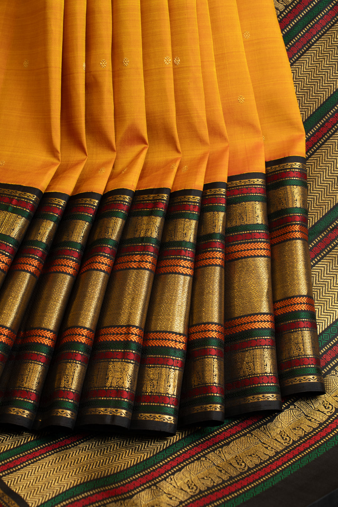 Orange and black Varisaipettu pure Kanchipuram silk saree