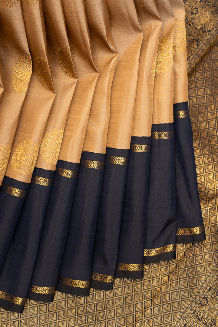 Beige and Midnight Blue Pure Zari Kanchipuram Silk Saree - Clio Silks