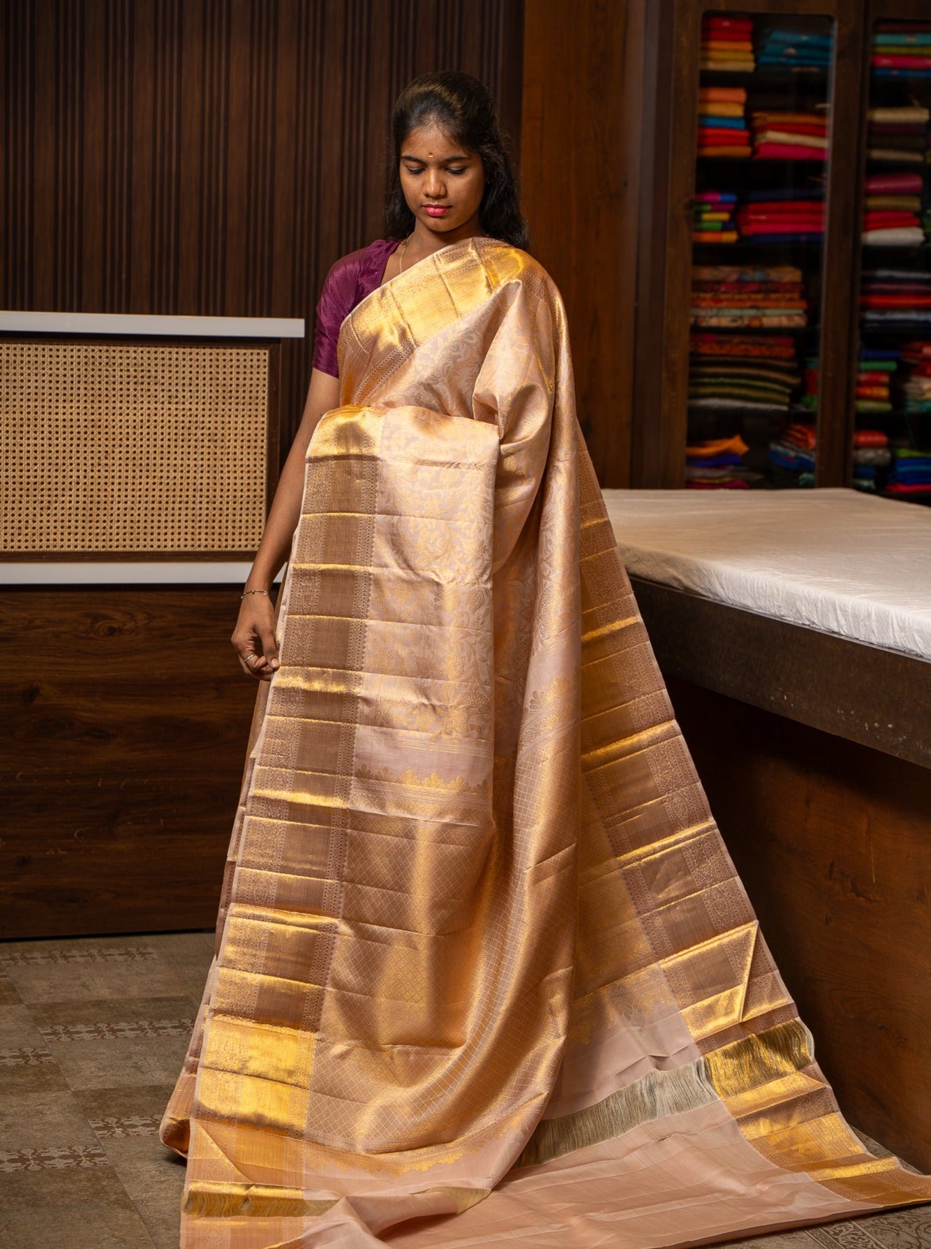 Pale Gold Vanasingaram Brocade Pure Kanchipuram Silk Saree - Clio Silks