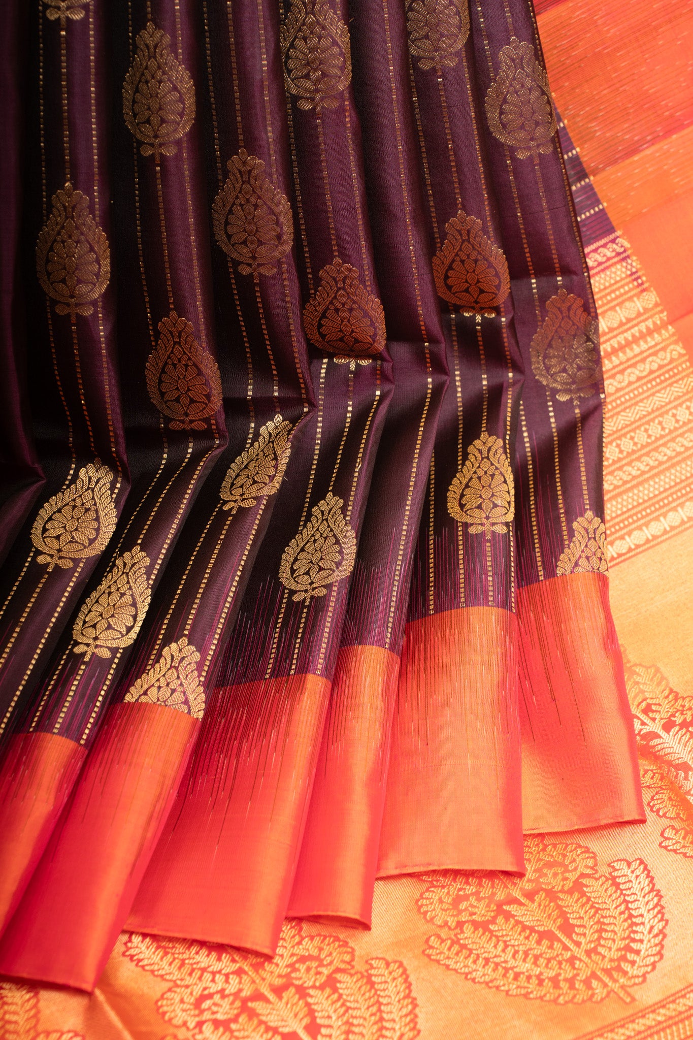 Purple ornamental stripes pure soft silk saree