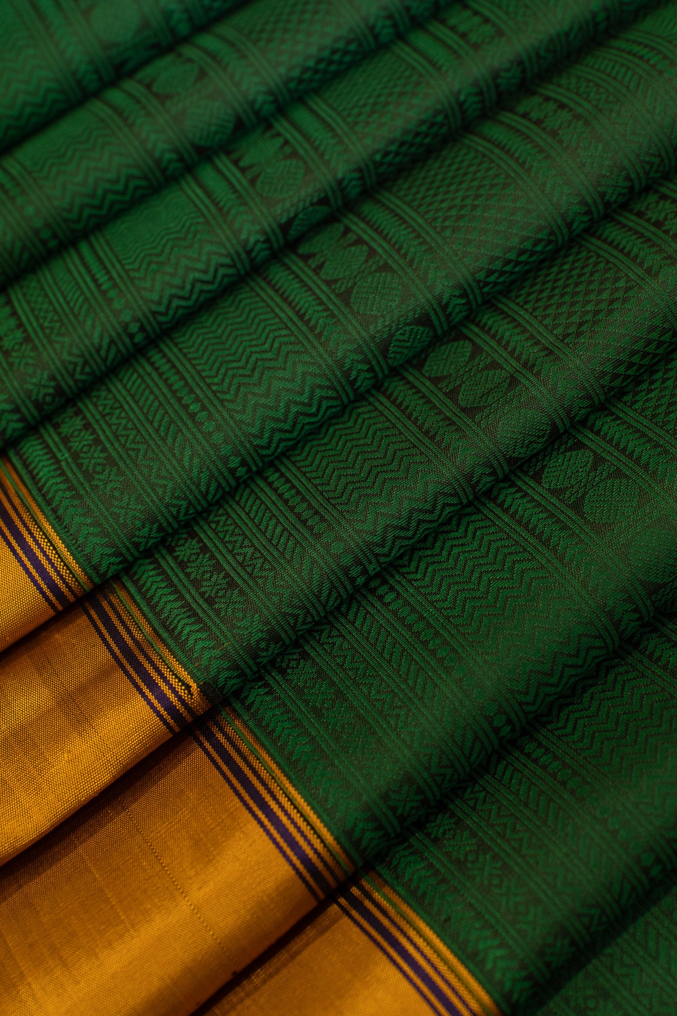 Bottle green and mustard thread brocade pure Kanchipuram silk saree