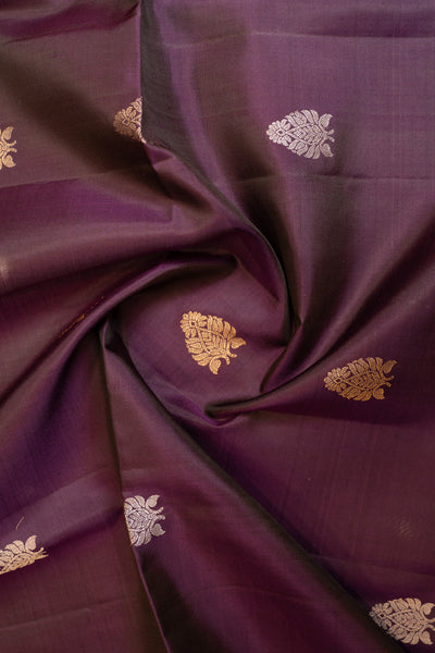 Aubergine purple silver and gold motifs pure soft silk saree