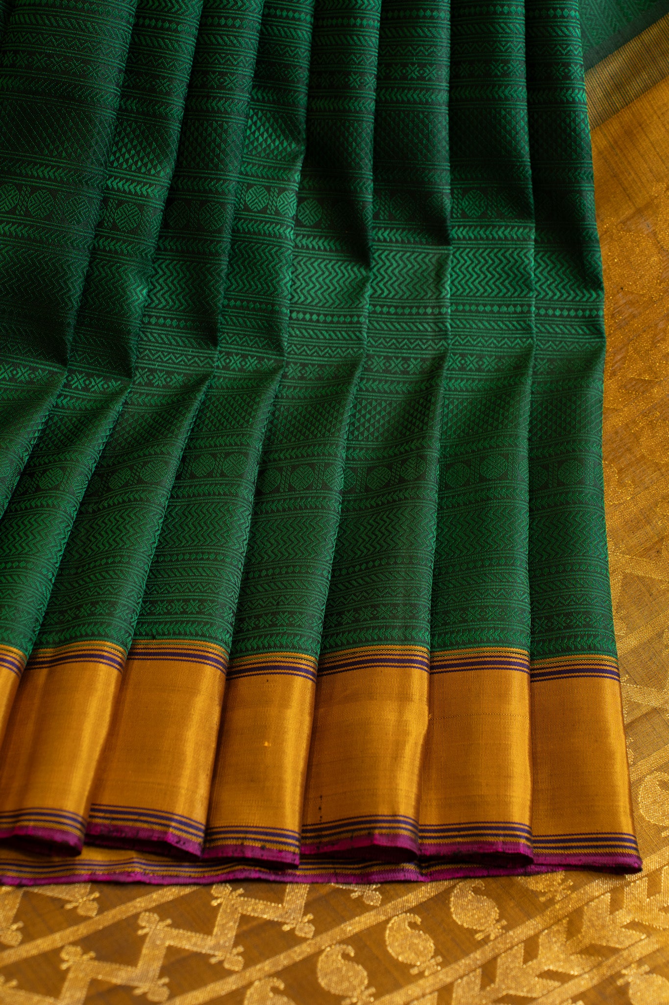 Bottle green and mustard thread brocade pure Kanchipuram silk saree