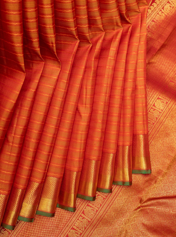 Rust Orange Neli Stripes Pure Kanchipuram Silk Saree - Clio Silks