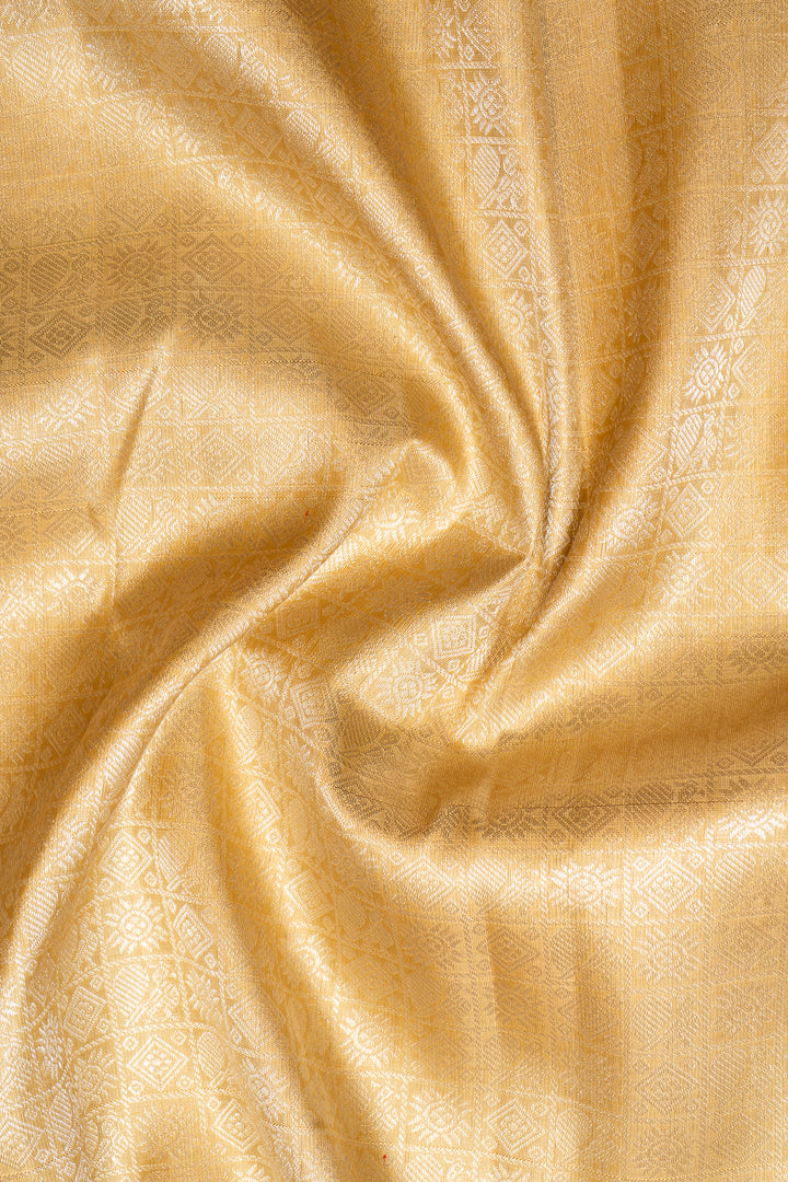 Champagne Gold and Rust Orange Brocade Pure Kanchipuram Silk Saree - Clio Silks