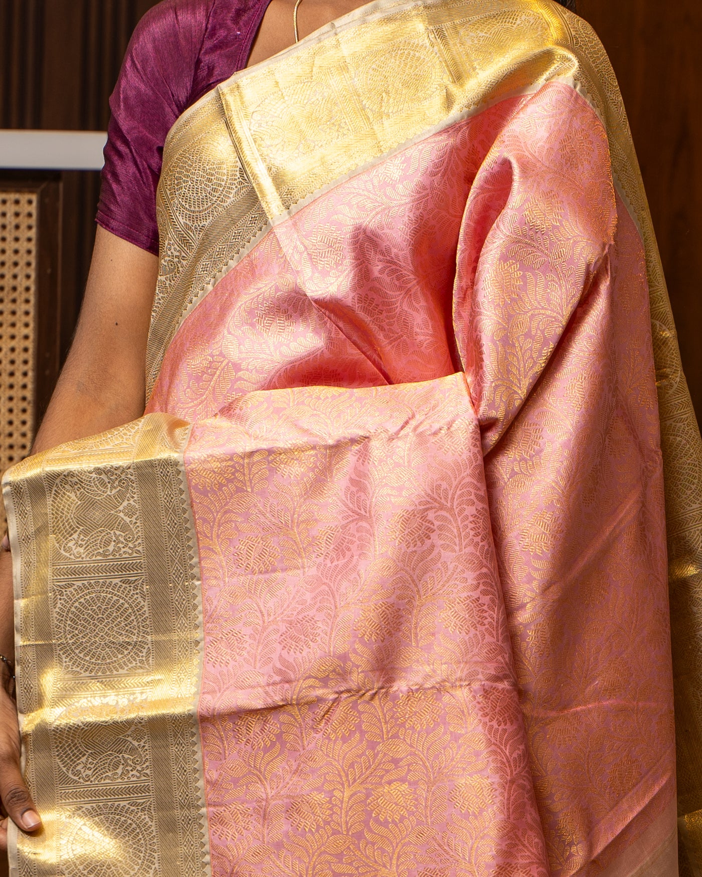 Blush Pink and Gold Brocade Pure Kanchipuram Silk Saree - Clio Silks