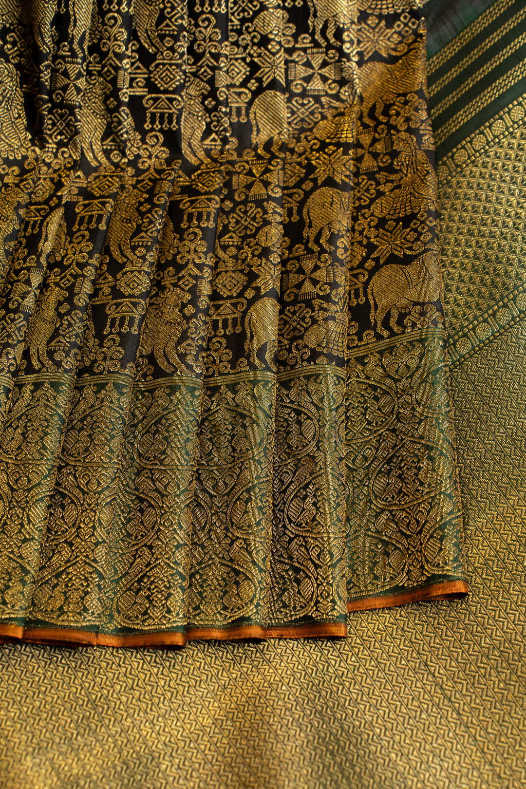 Black and green Pichwai pure zari brocade kanchipuram silk saree