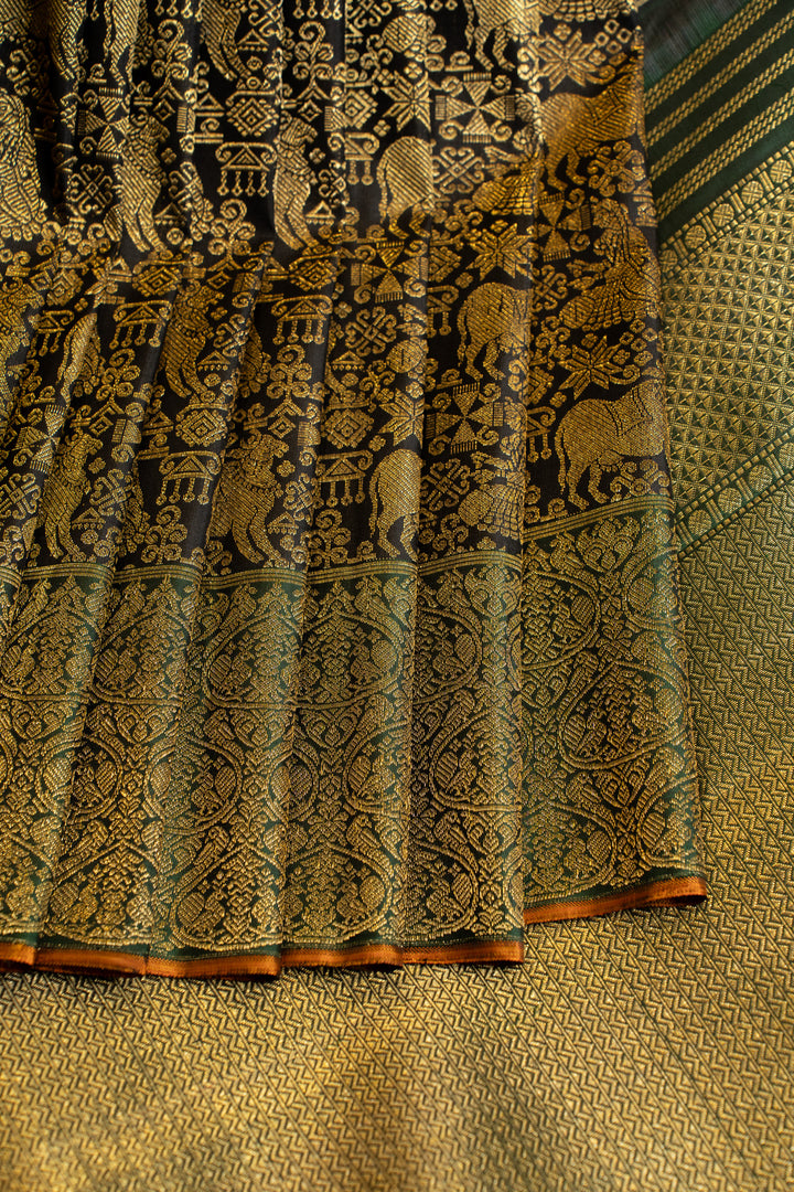 Black and green Pichwai pure zari brocade kanchipuram silk saree