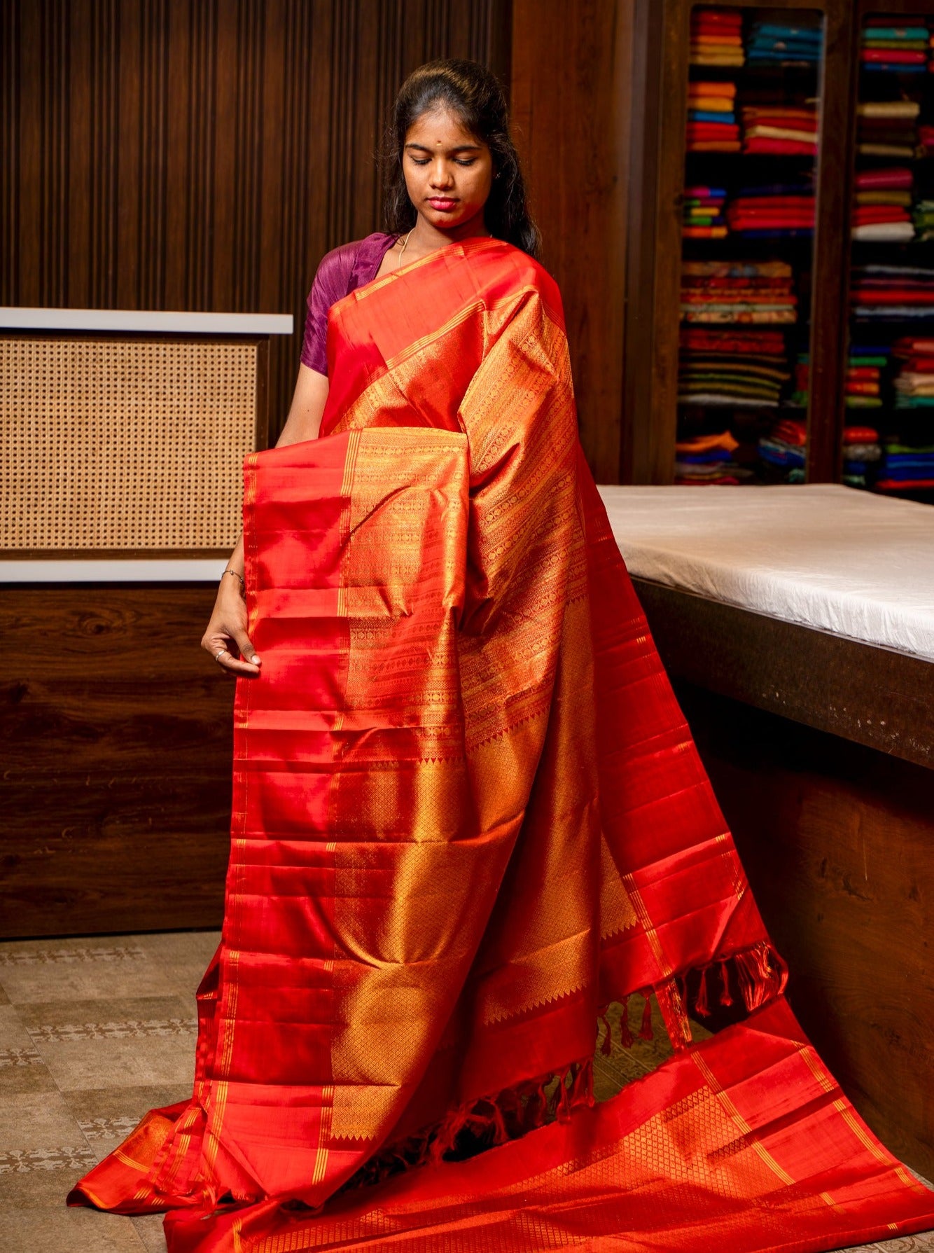 Red Zari Brocade Pure Kanchipuram Silk Saree - Clio Silks