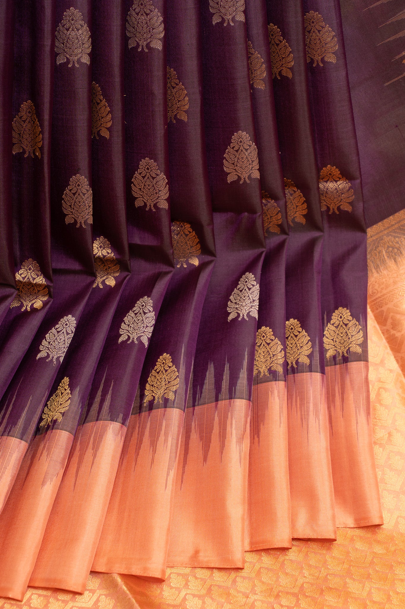 Aubergine purple silver and gold motifs pure soft silk saree