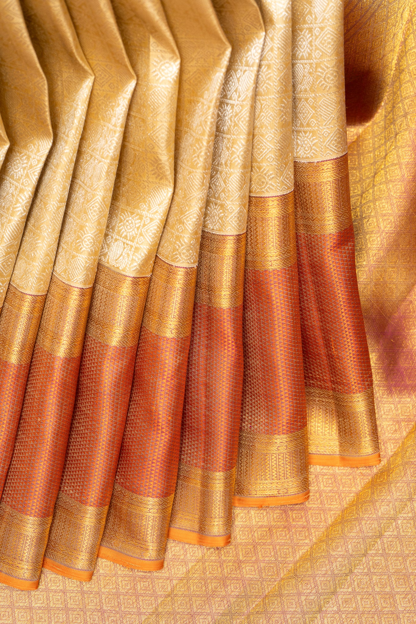 Champagne Gold and Rust Orange Brocade Pure Kanchipuram Silk Saree - Clio Silks
