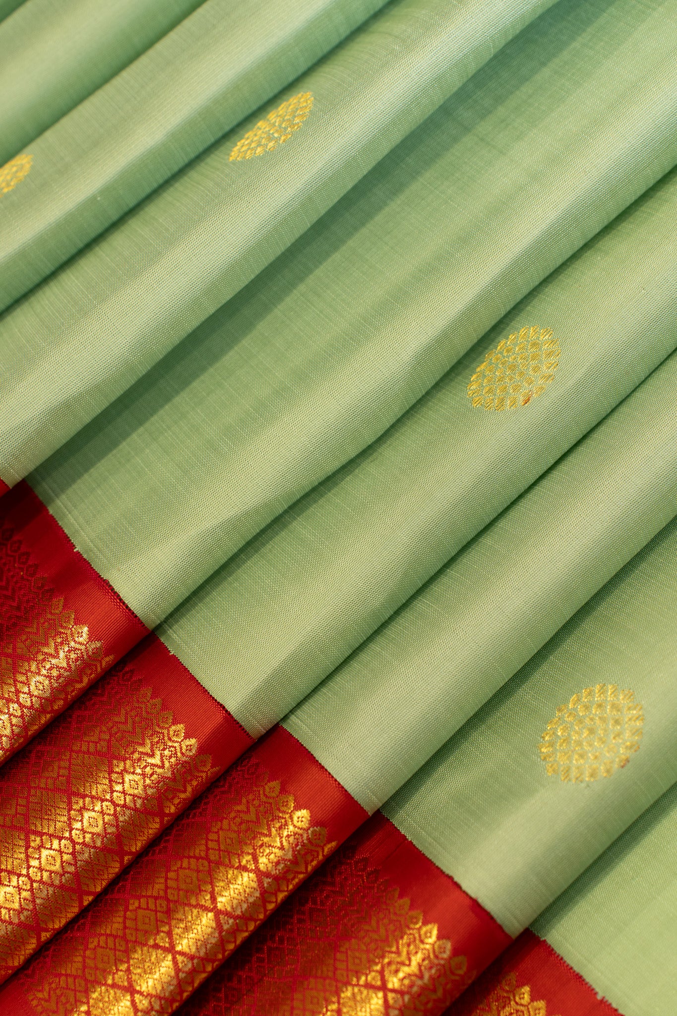 Apple green and red traditional pure Kanchipuram silk saree