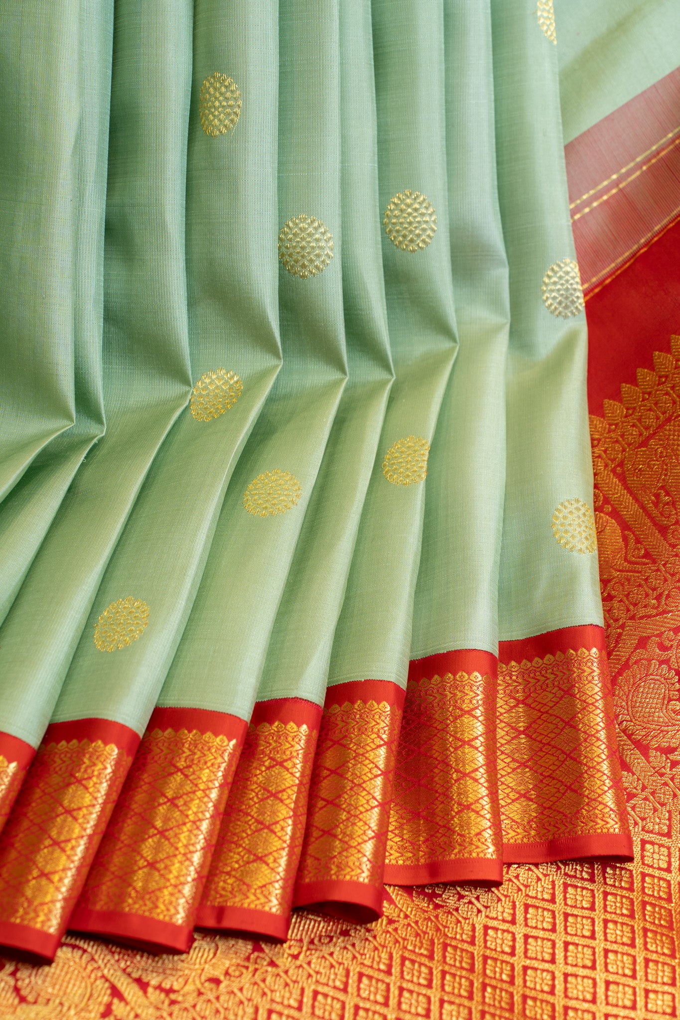 Apple green and red traditional pure Kanchipuram silk saree