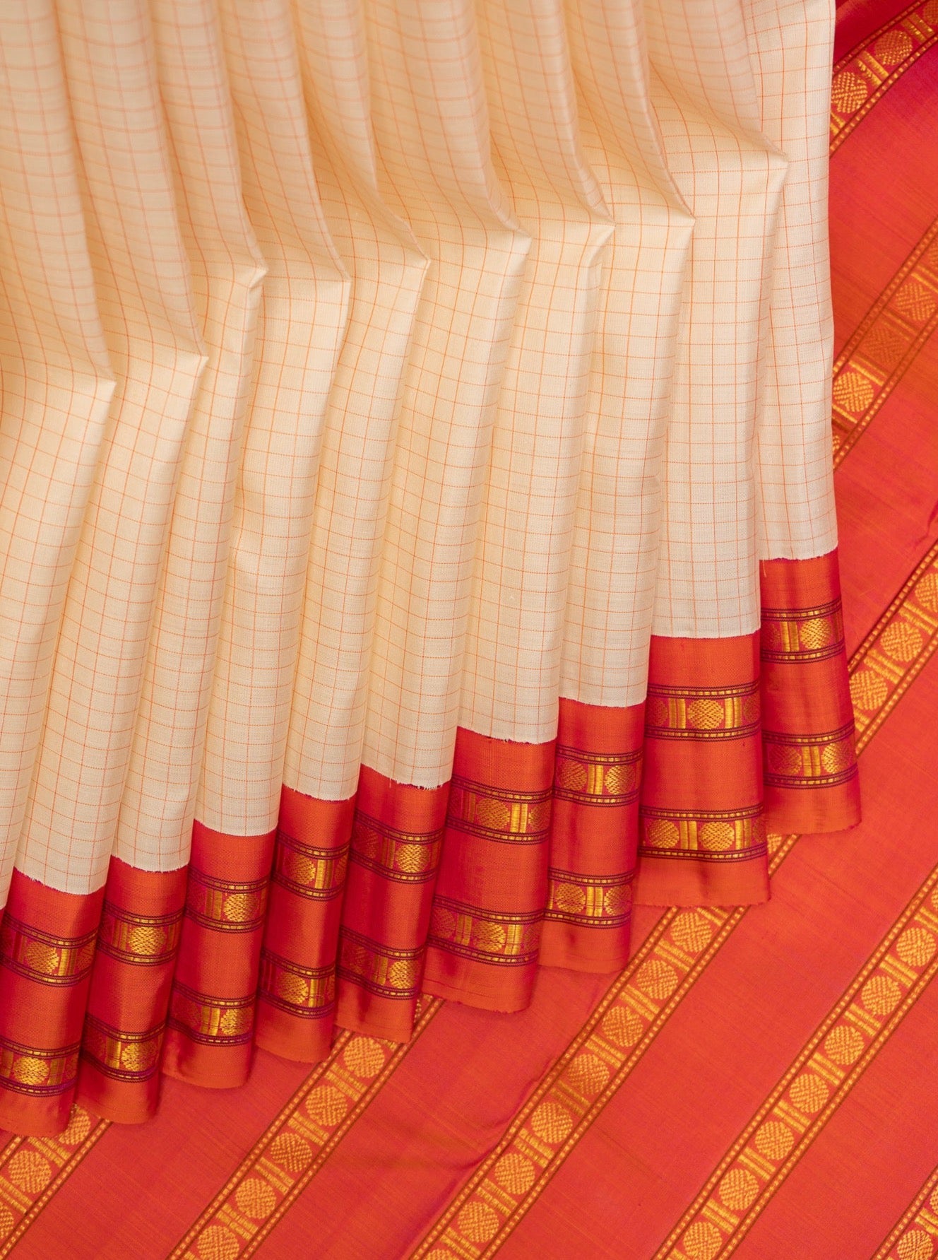 Pearl White and Orange Pure Kanchipuram Silk Saree - Clio Silks