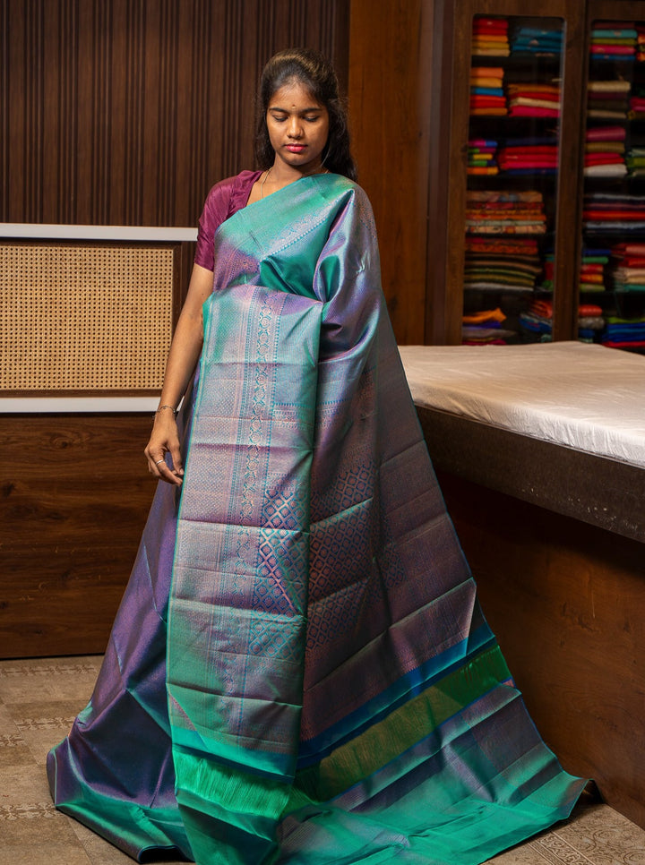 Peacock Blue Zari Brocade Pure Kanchipuram Silk Saree - Clio Silks
