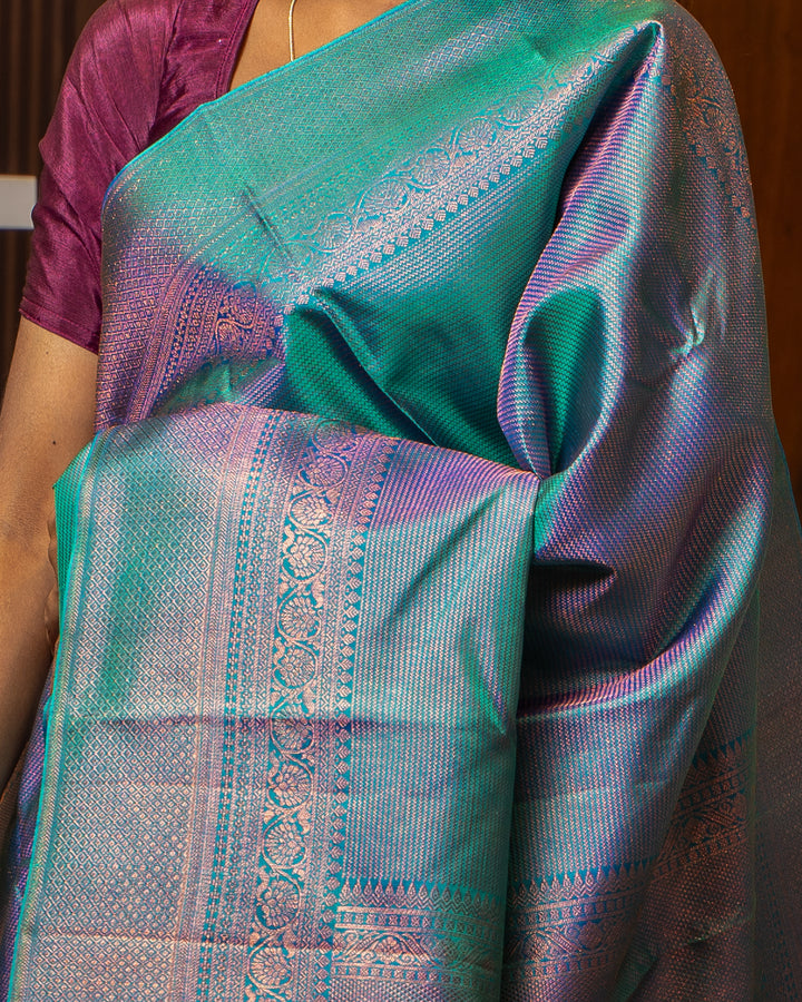 Peacock Blue Zari Brocade Pure Kanchipuram Silk Saree - Clio Silks