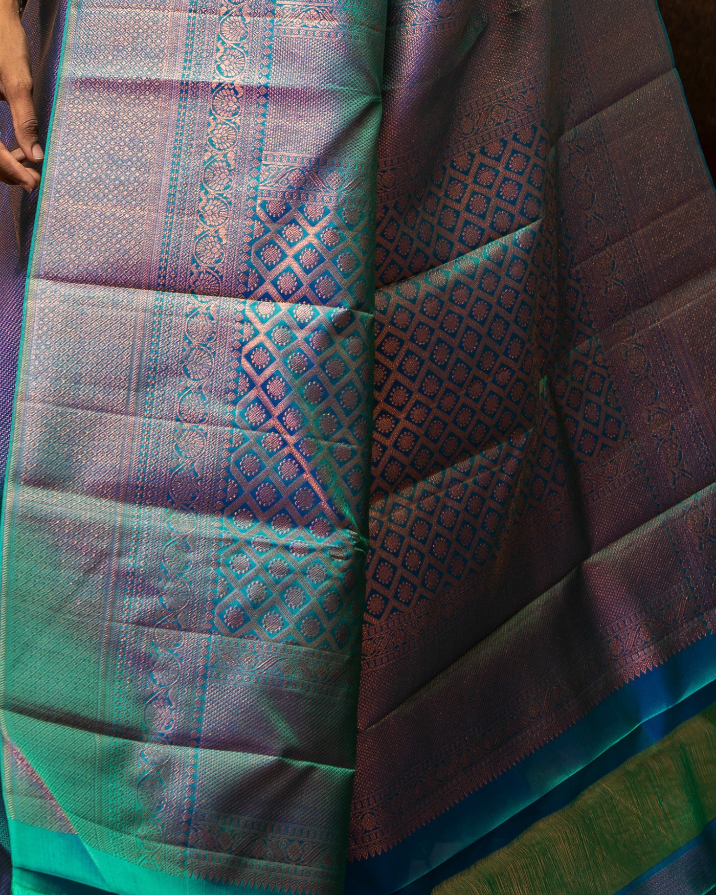 Peacock Blue Zari Brocade Pure Kanchipuram Silk Saree - Clio Silks