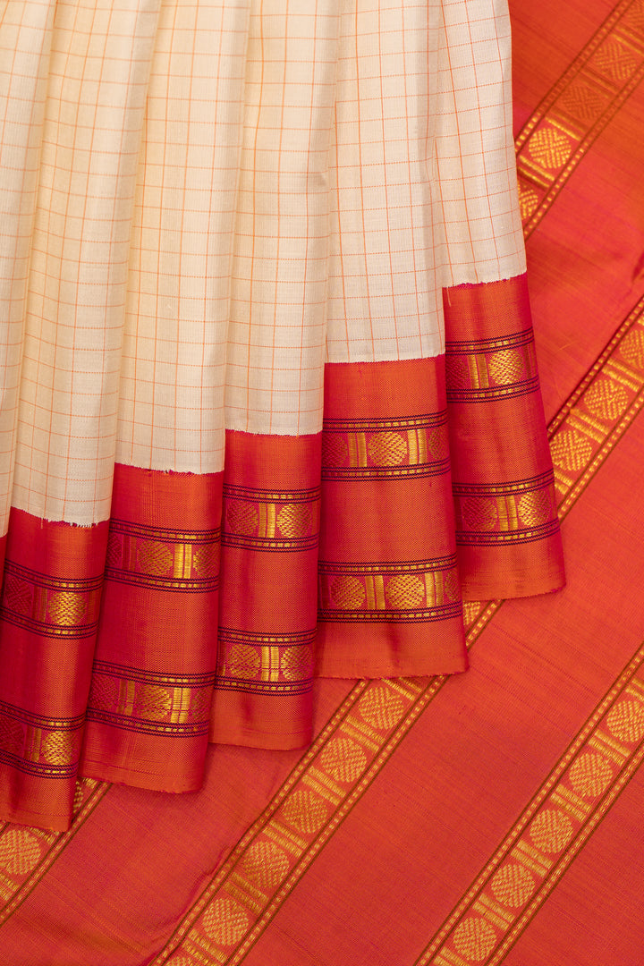 Pearl White and Orange Pure Kanchipuram Silk Saree - Clio Silks