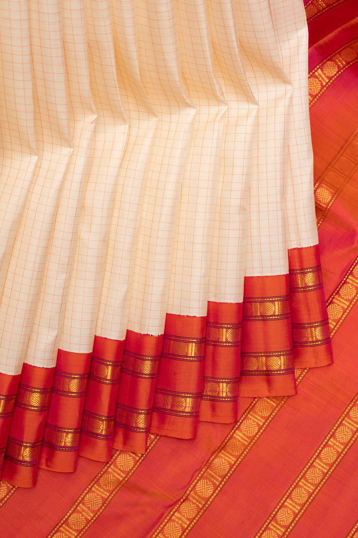 Pearl White and Orange Pure Kanchipuram Silk Saree - Clio Silks