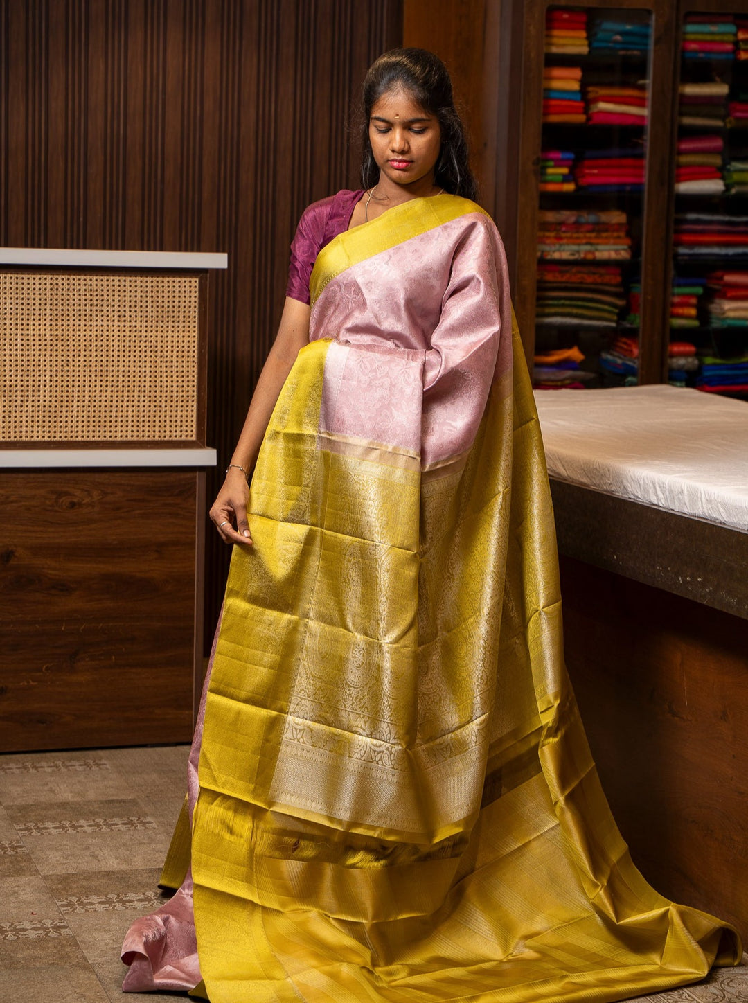 Lilac and Lime Green Brocade Pure Kanchipuram Silk Saree - Clio Silks