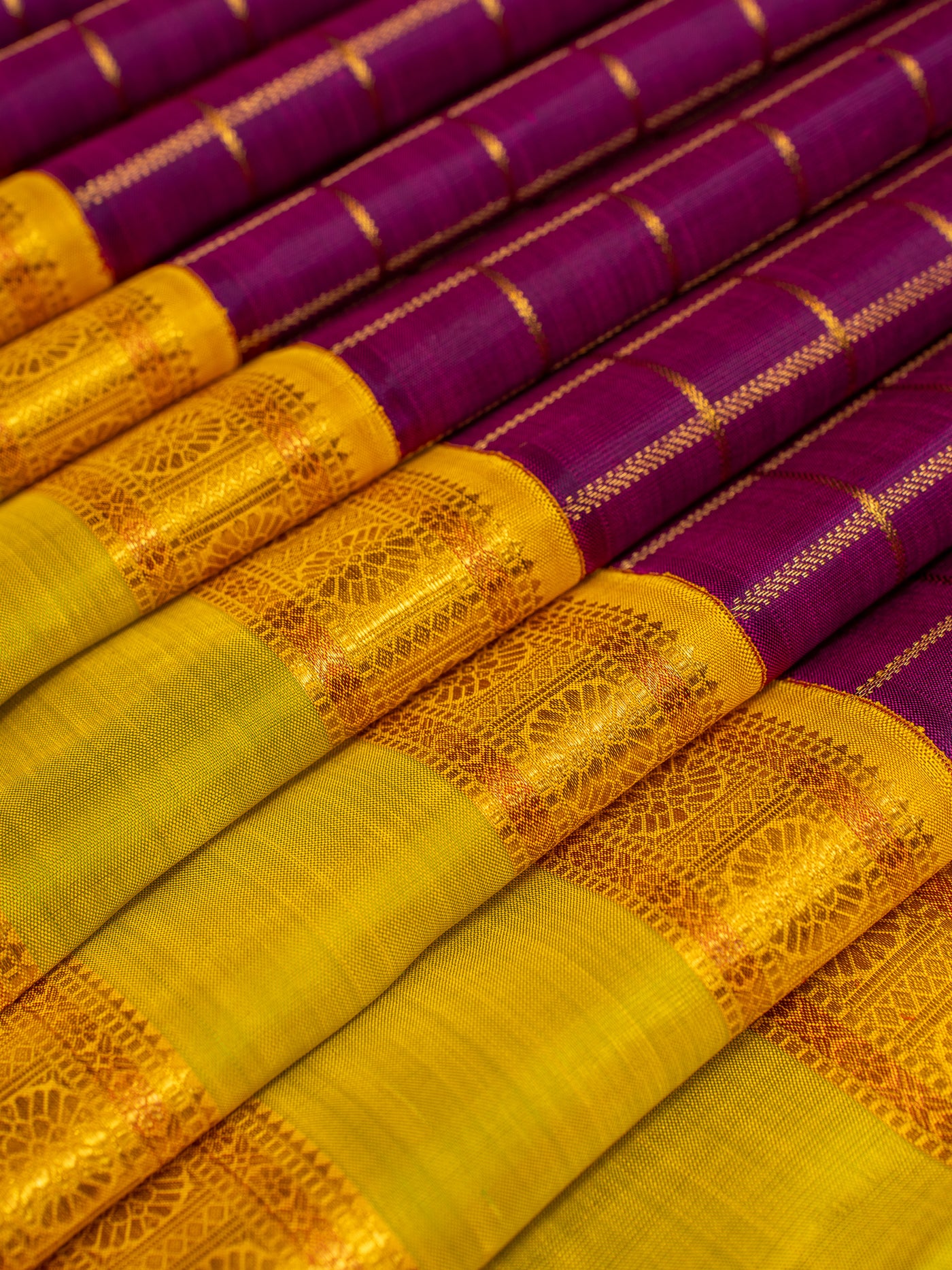 Aubergine purple and yellow pure zari kanjivaram silk saree