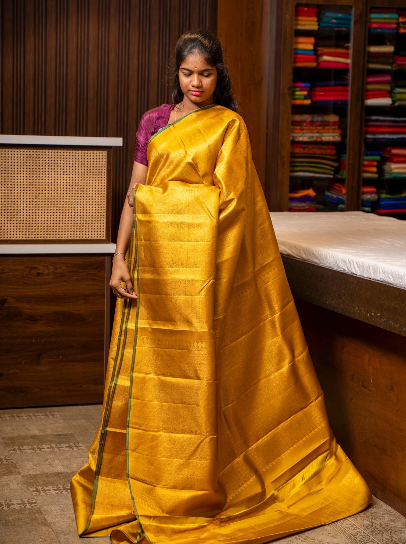 Gold Paisley Brocade Pure Kanchipuram Silk Saree - Clio Silks