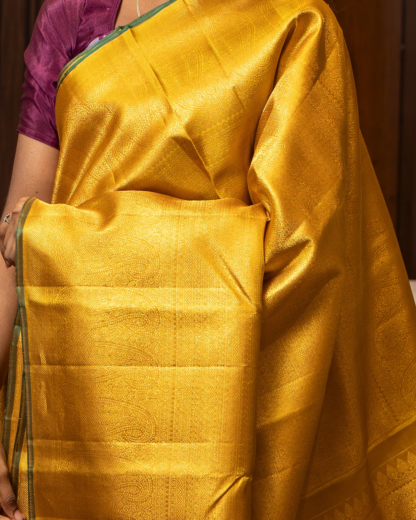 Gold Paisley Brocade Pure Kanchipuram Silk Saree - Clio Silks