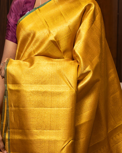 Gold Paisley Brocade Pure Kanchipuram Silk Saree - Clio Silks