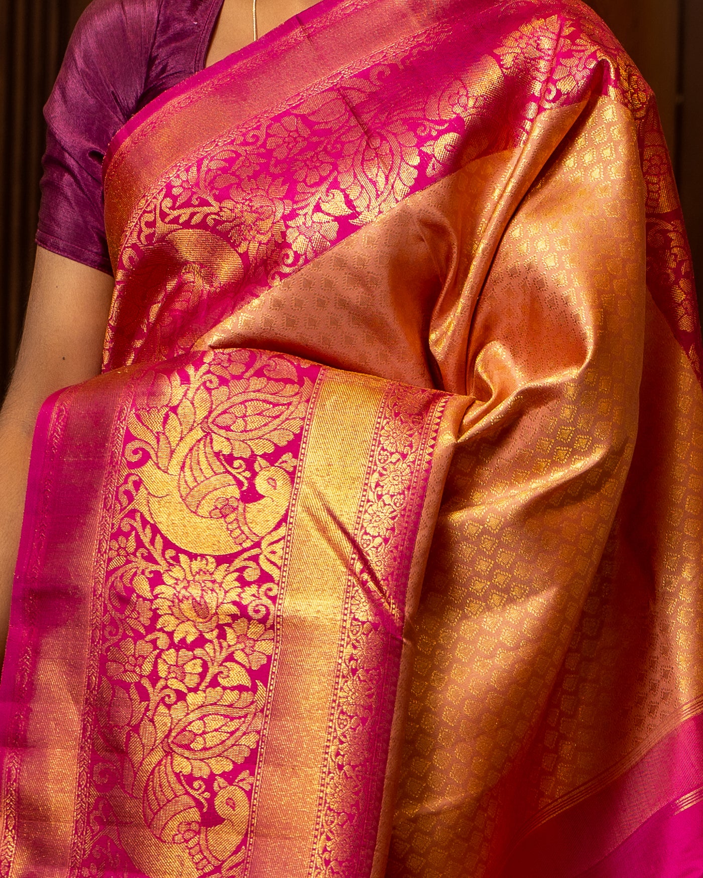 Peach and Magenta Brocade Pure Kanchipuram Silk Saree - Clio Silks