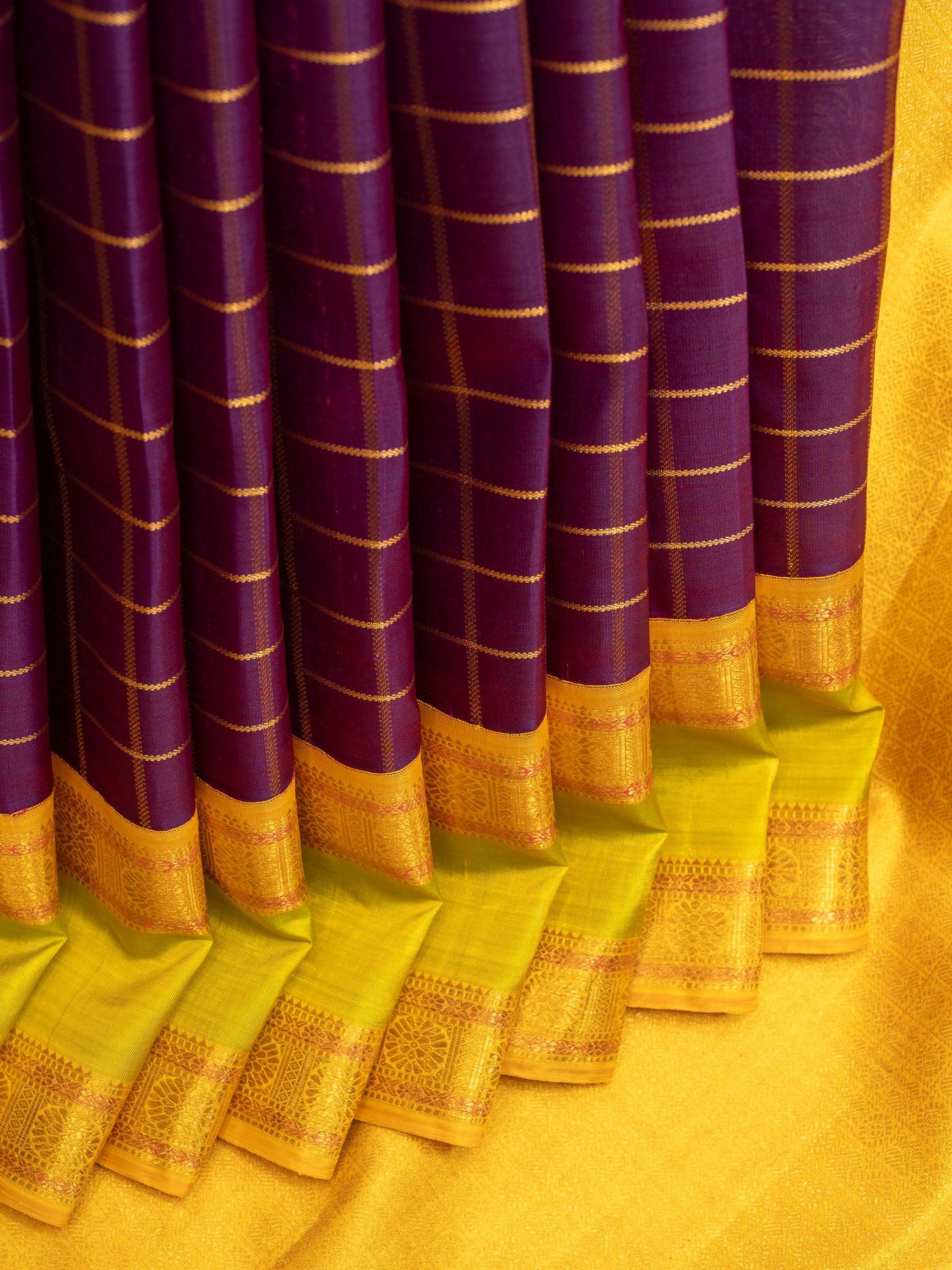 Aubergine purple and yellow pure zari kanjivaram silk saree