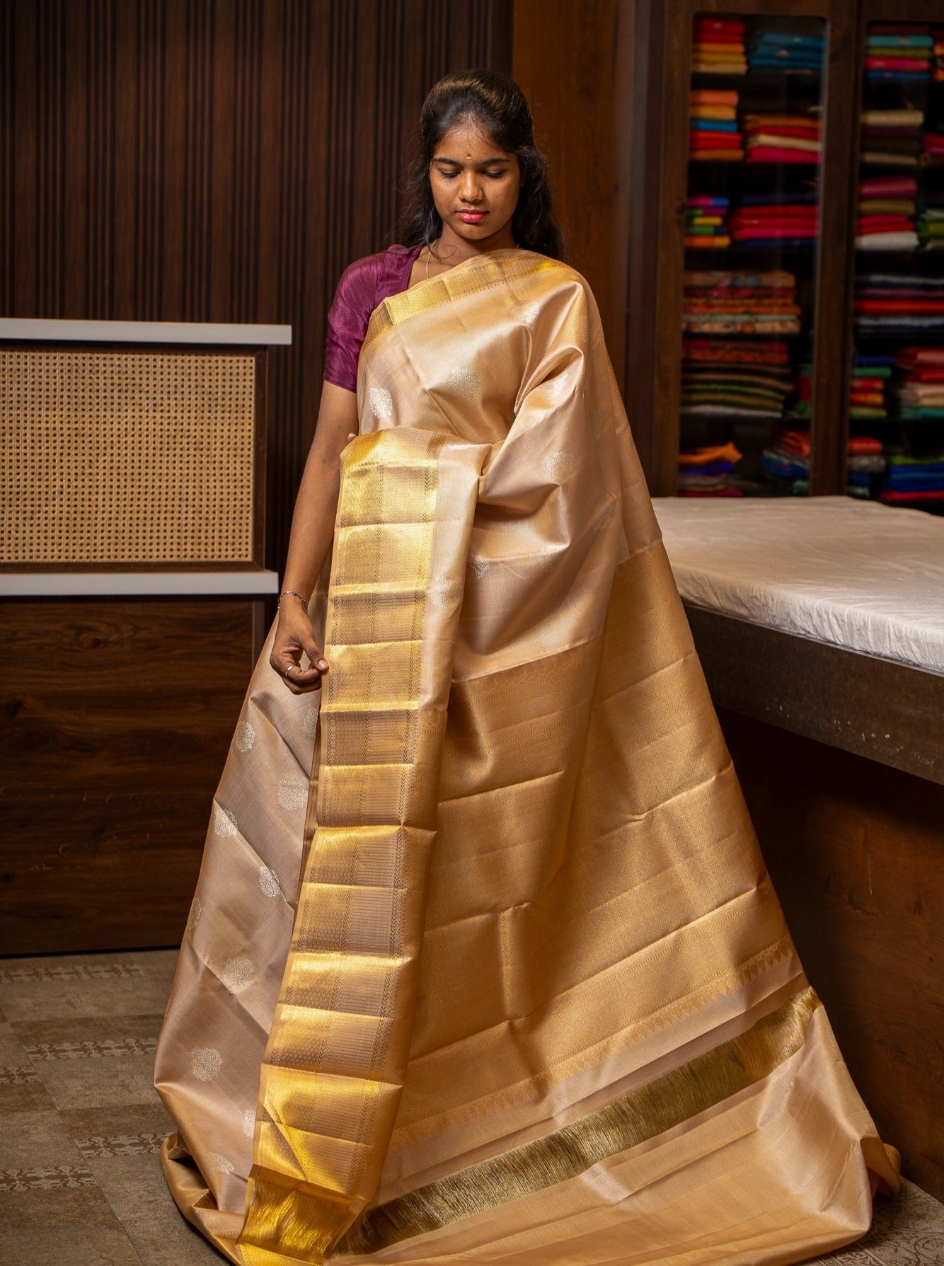 Sandcastle Gold Zari Stripes Pure Kanchipuram Silk Saree - Clio Silks