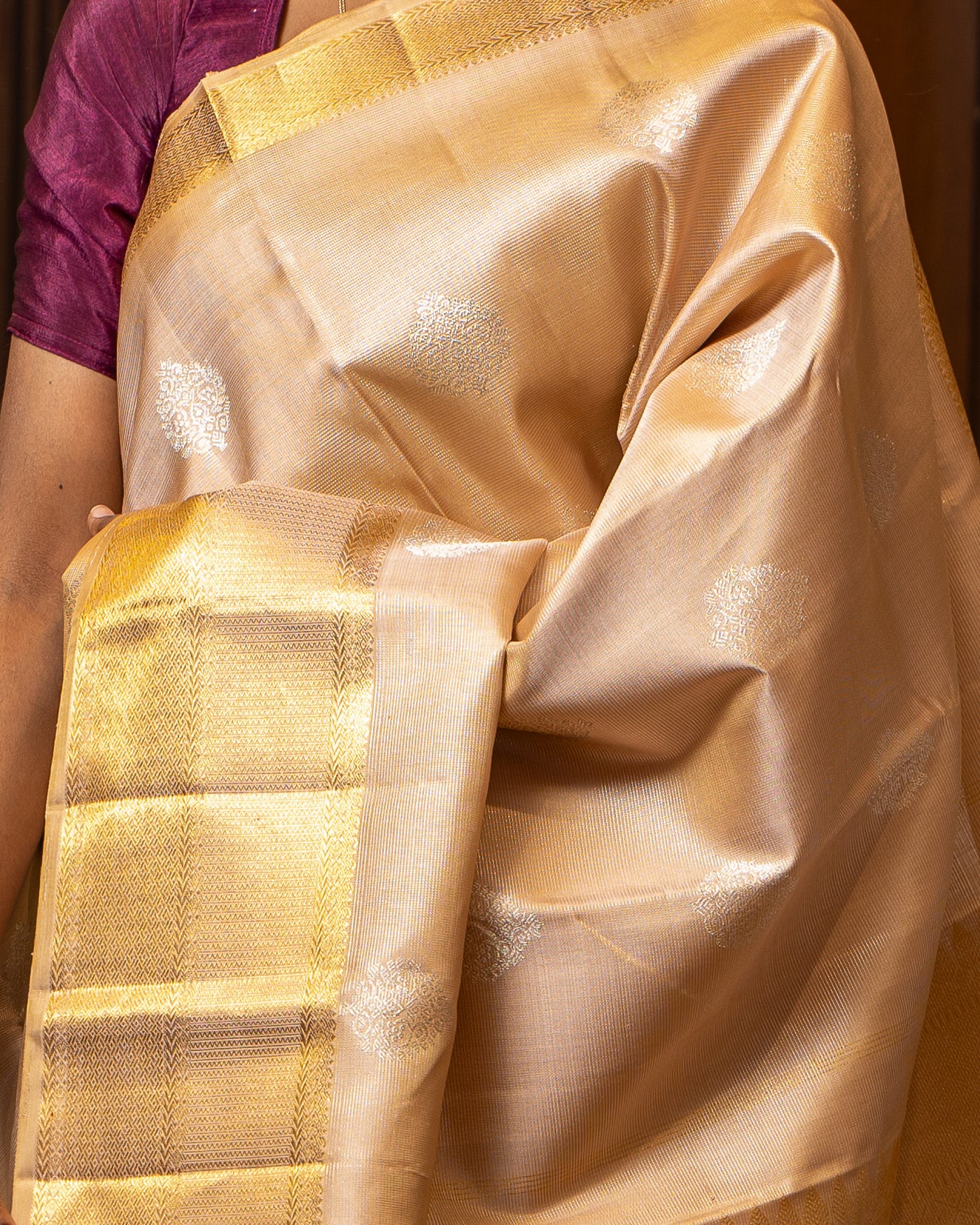 Sandcastle Gold Zari Stripes Pure Kanchipuram Silk Saree - Clio Silks