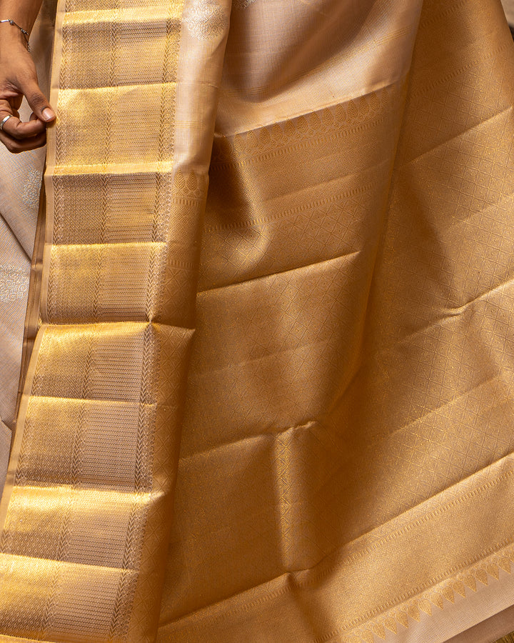 Sandcastle Gold Zari Stripes Pure Kanchipuram Silk Saree - Clio Silks