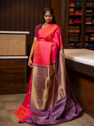 Peach Pink Thread Embossed Pure Kanchipuram Silk Saree - Clio Silks