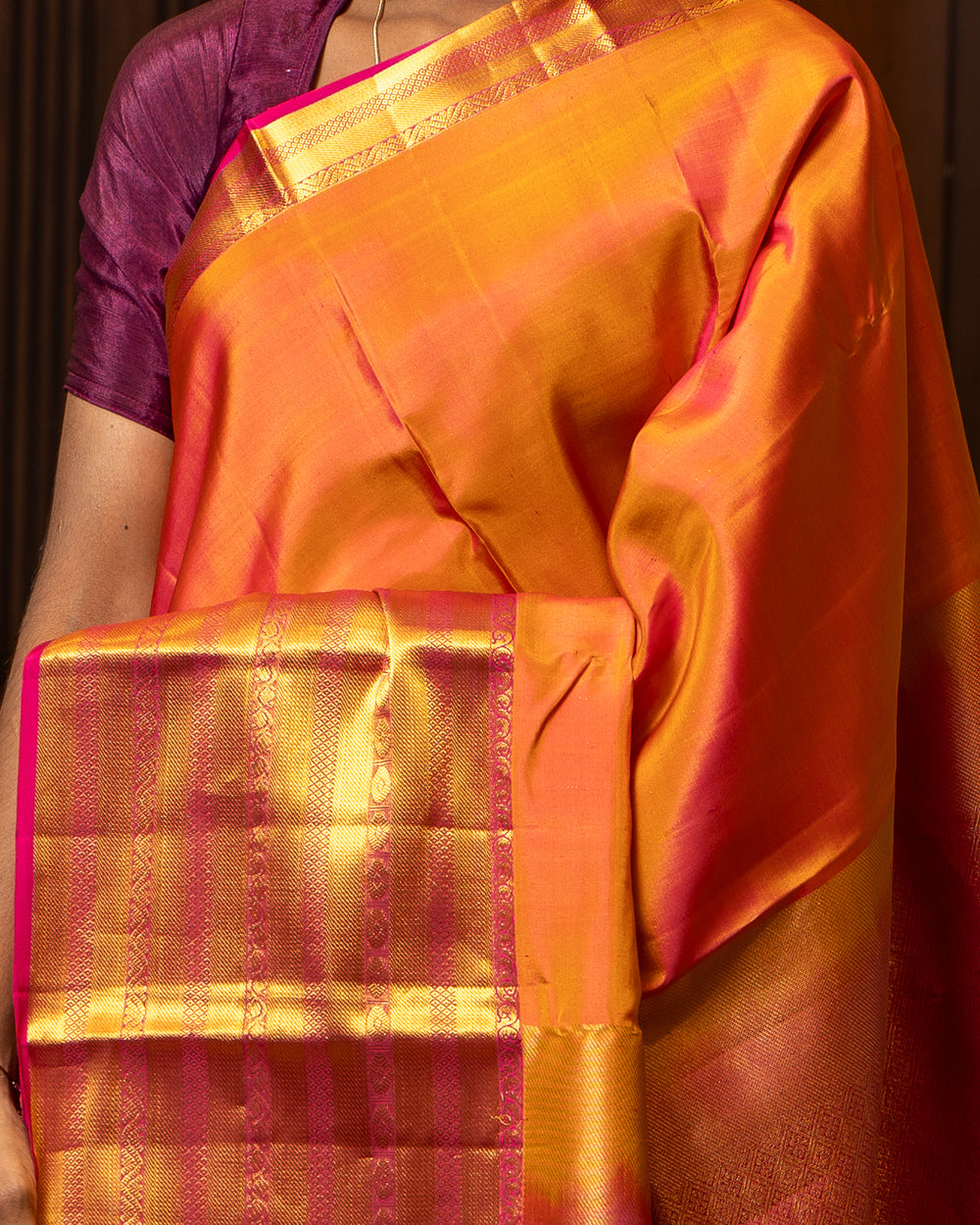 Rust Orange Big Border Pure Kanchipuram Silk Saree - Clio Silks