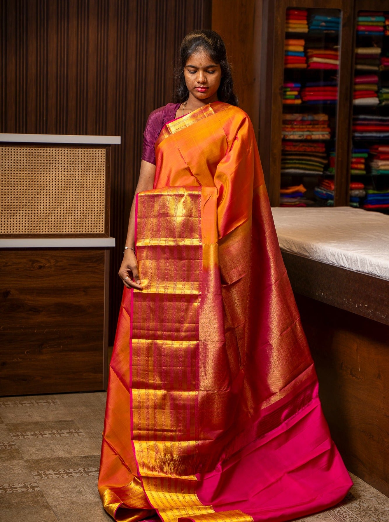 Rust Orange Big Border Pure Kanchipuram Silk Saree - Clio Silks