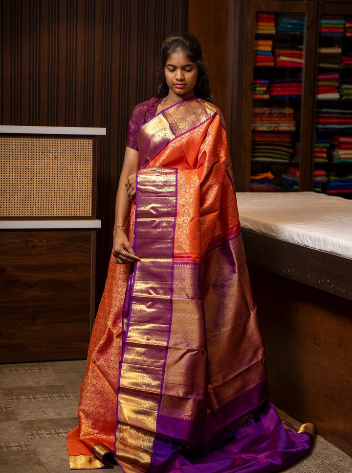 Peach Orange and Purple Brocade Pure Kanchipuram Silk Saree - Clio Silks
