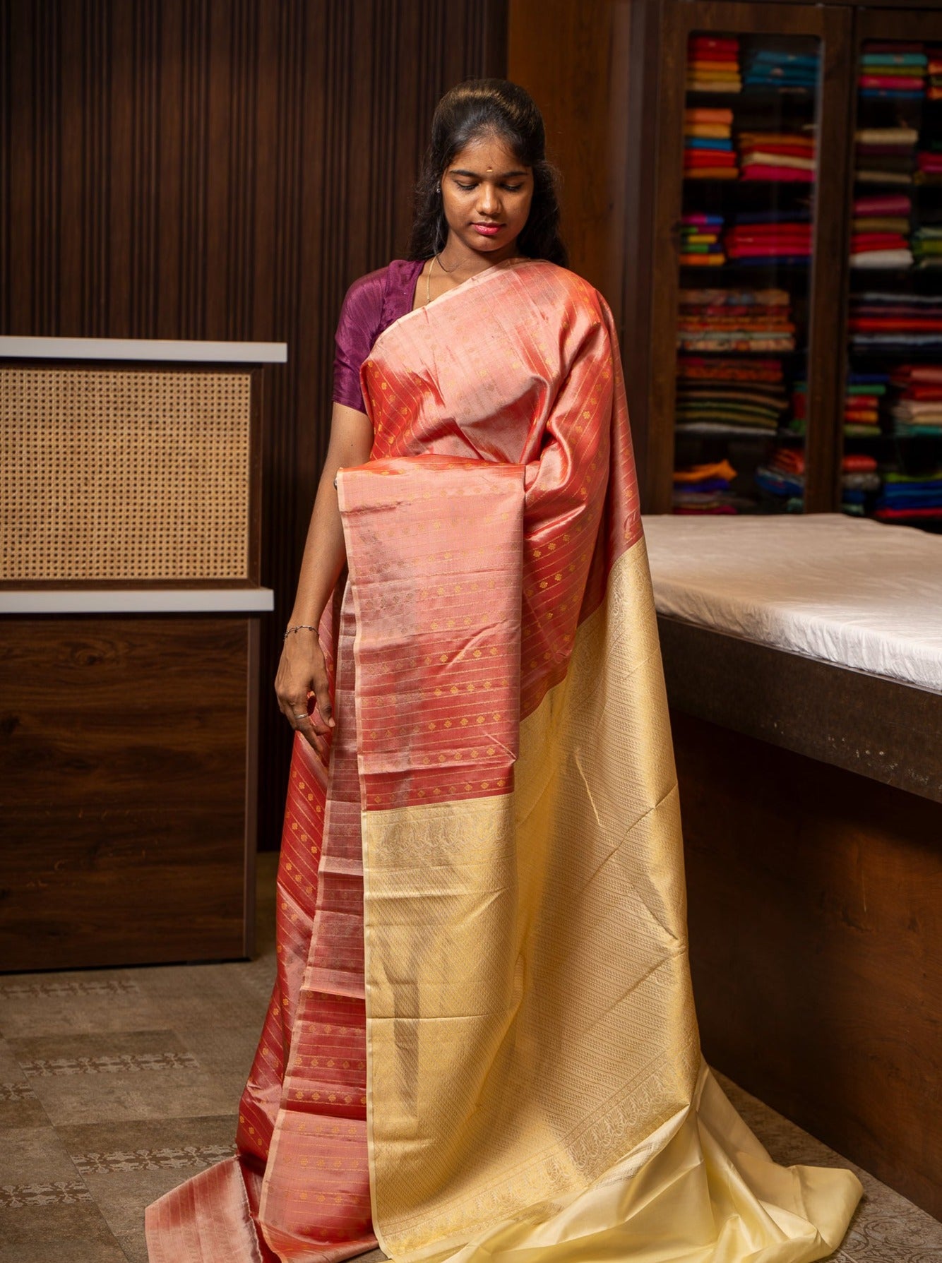 Peach Stripes Pure Kanchipuram Silk Saree - Clio Silks