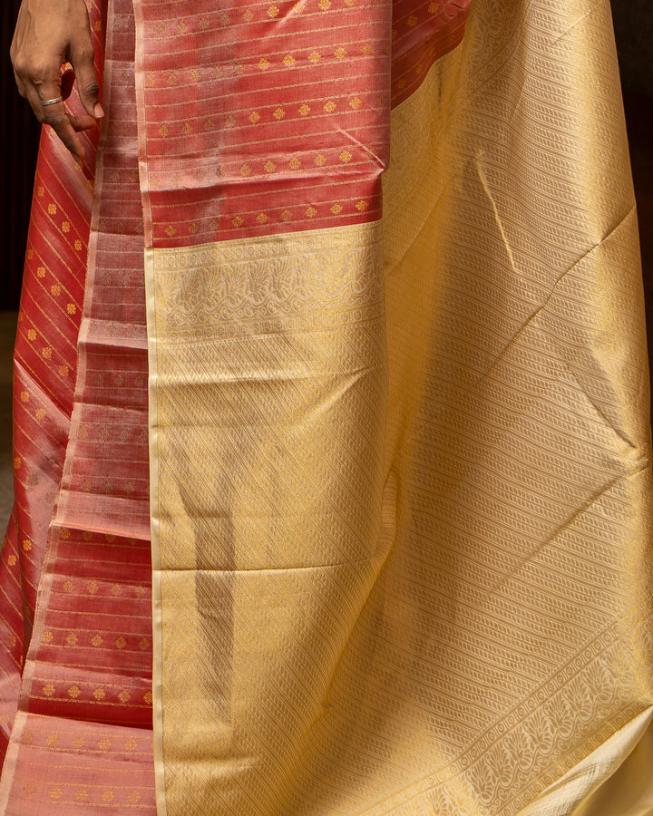 Peach Stripes Pure Kanchipuram Silk Saree - Clio Silks