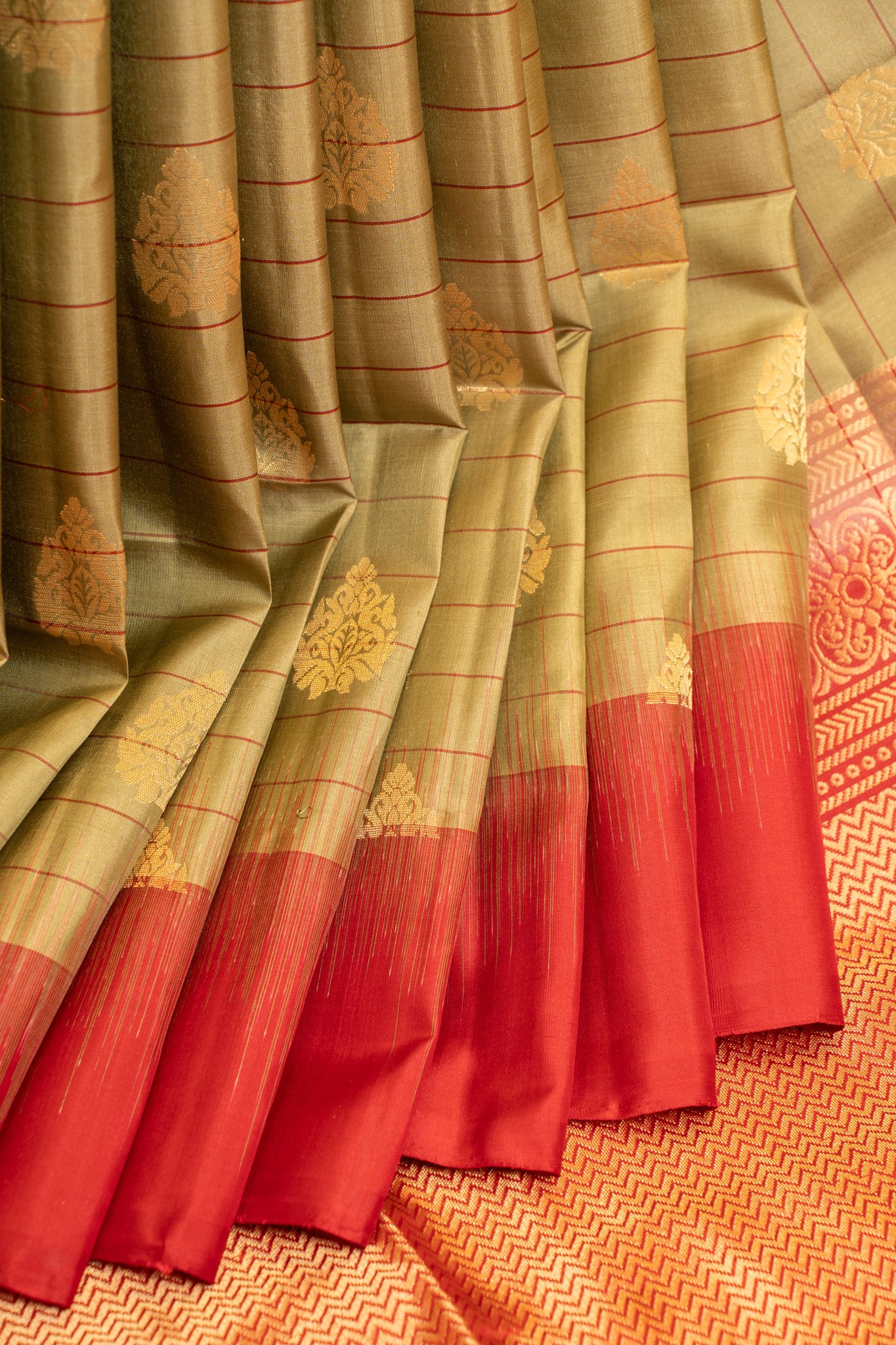 Sage green and red stripes pure soft silk saree