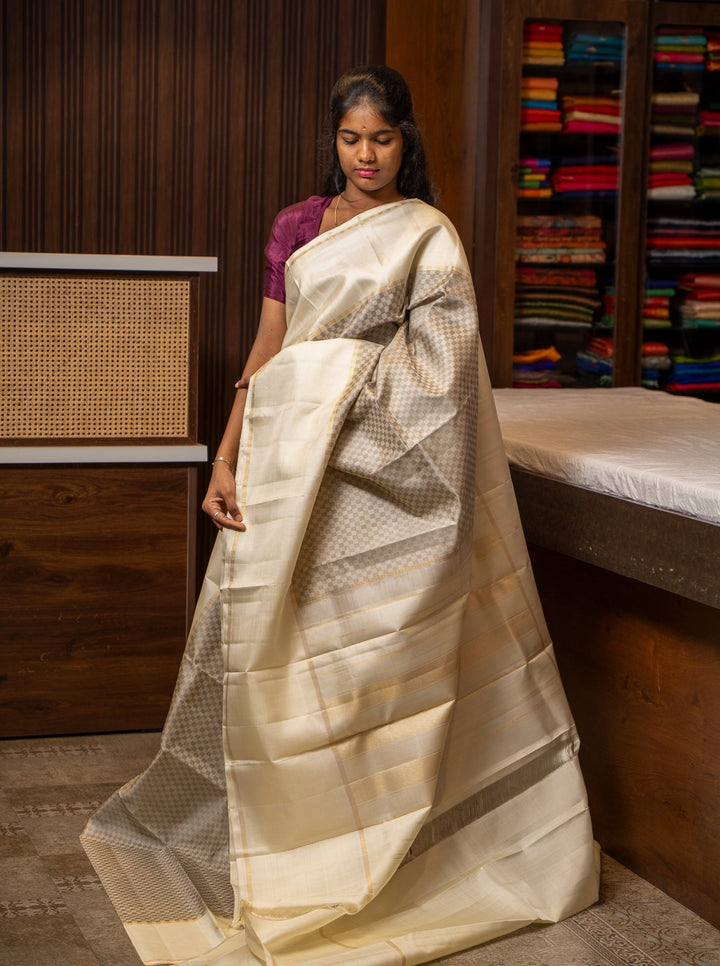 Cream and Grey Checks Pure Kanchipuram Silk Saree - Clio Silks