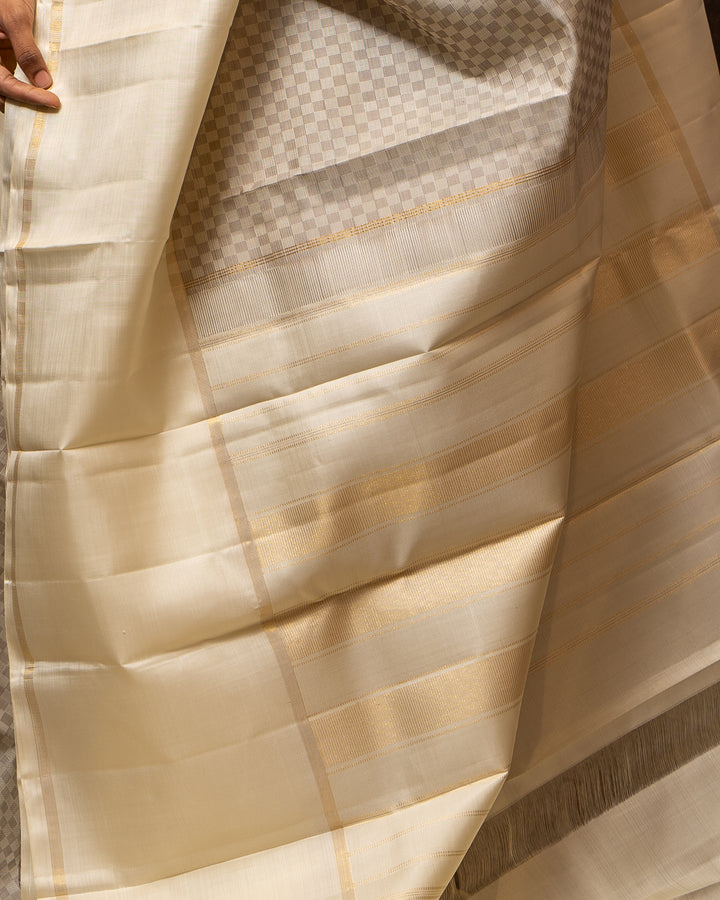 Cream and Grey Checks Pure Kanchipuram Silk Saree - Clio Silks