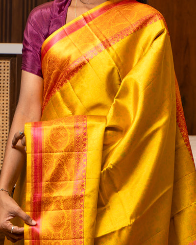 Sunglow Yellow Without Zari Pure Kanchipuram Silk Saree - Clio Silks