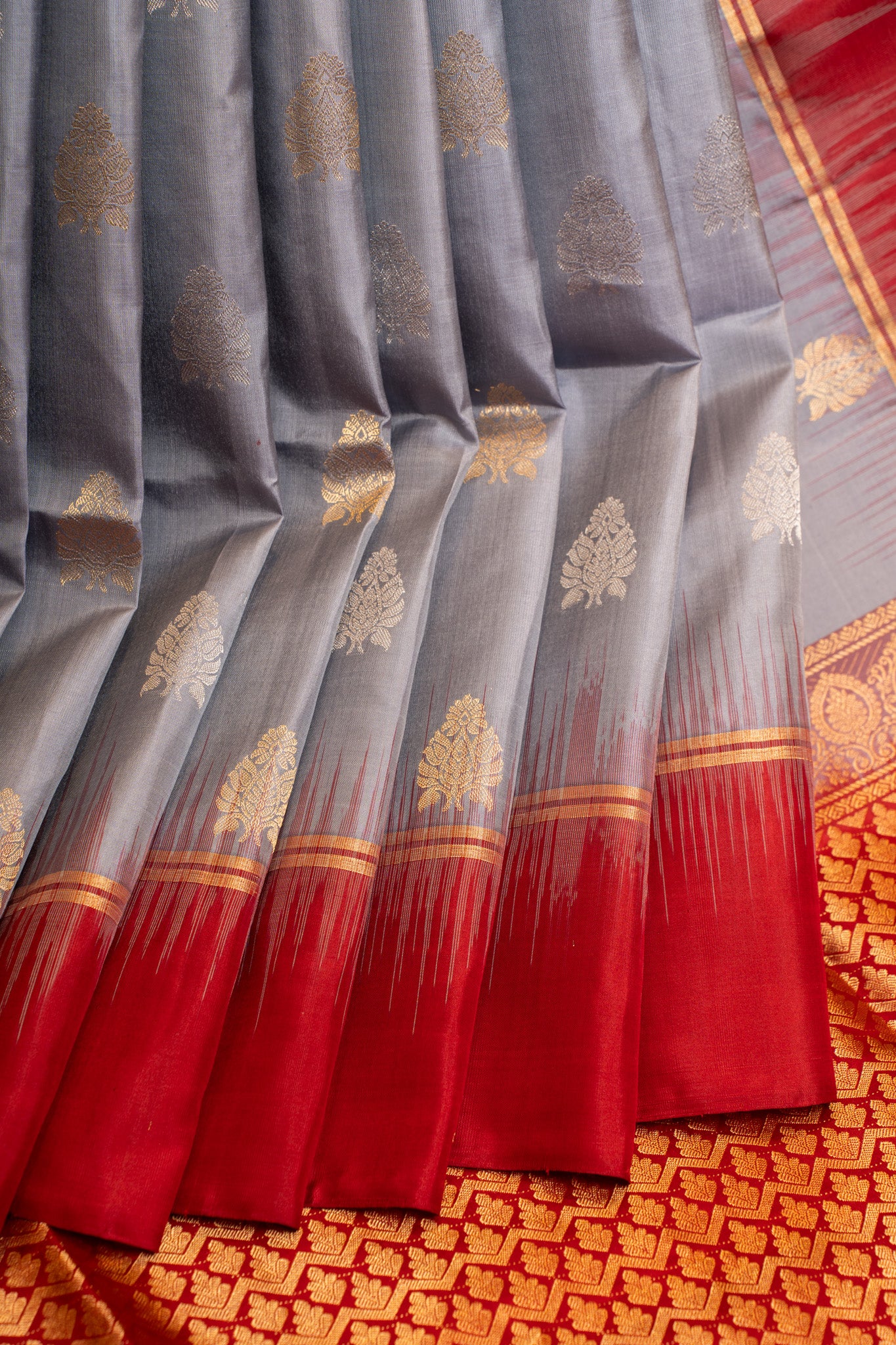 Grey and red pure soft silk saree