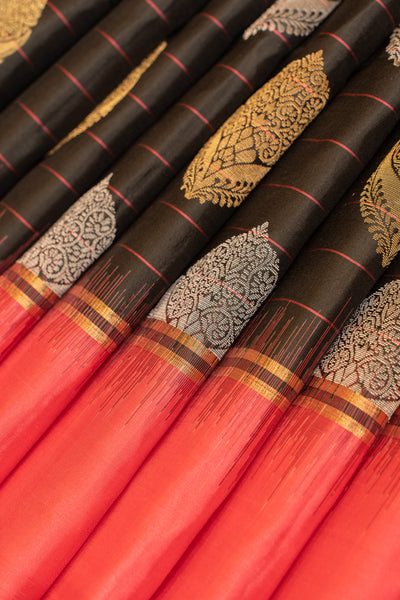 Black and peach stripes pure soft silk saree