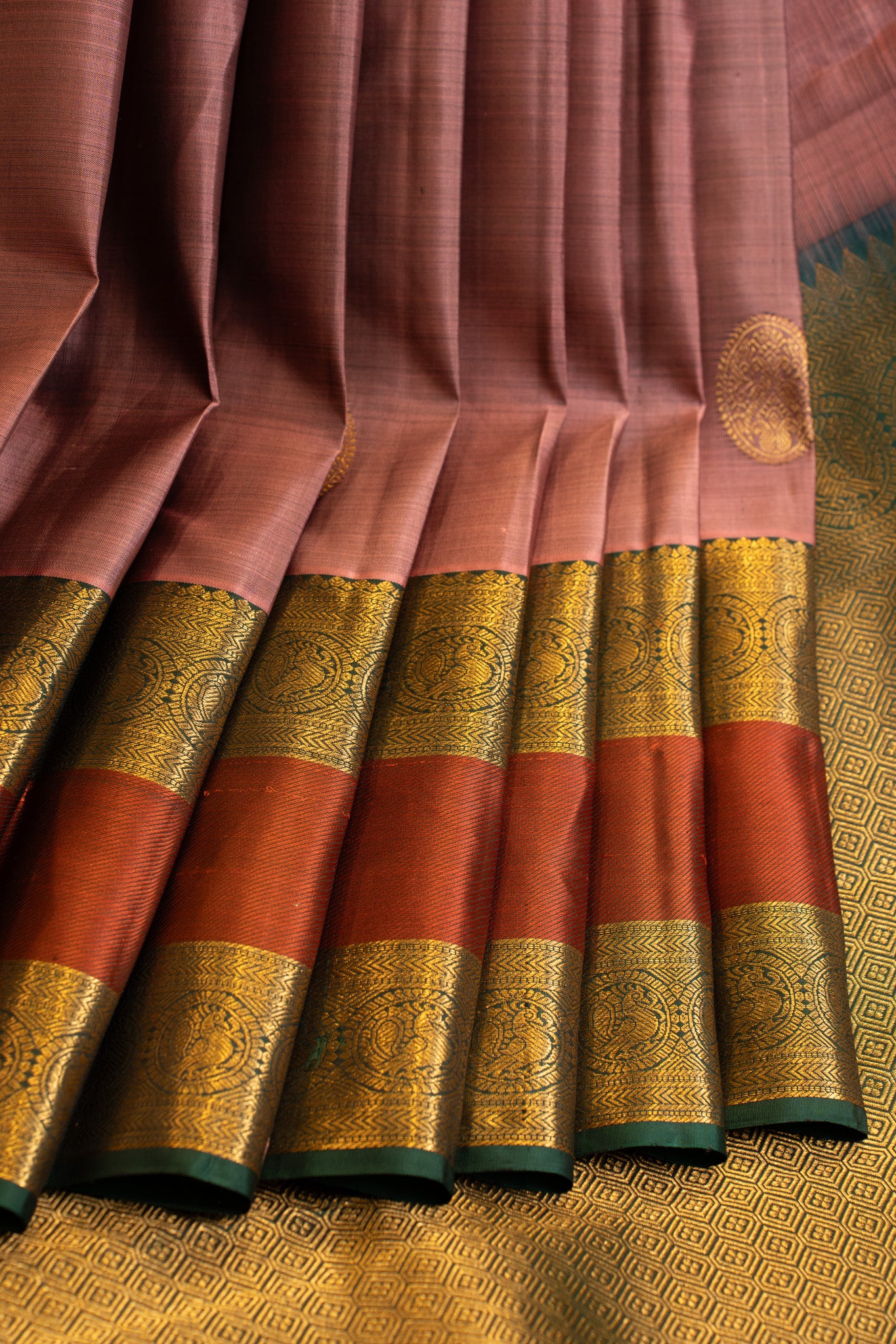 Mauve and rust rettai pettu pure Kanchipuram silk saree