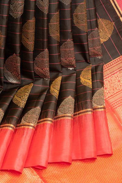 Black and peach stripes pure soft silk saree