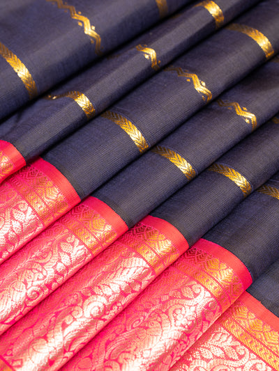 Midnight Blue Stripes Magenta Korvai Kanchipuram Silk Saree - Clio Silks